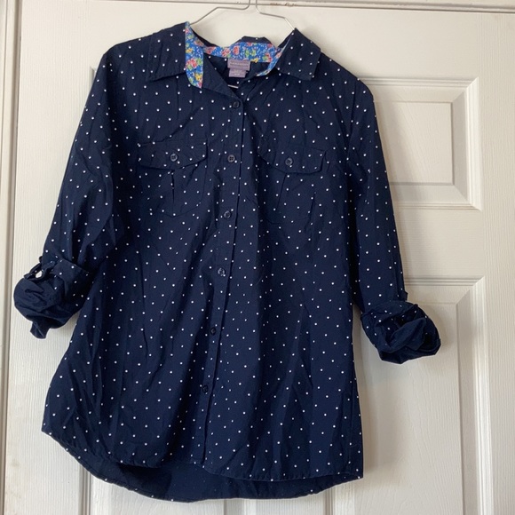 Laura Scott navy and white collared button front button up button down shirt top - Picture 3 of 17
